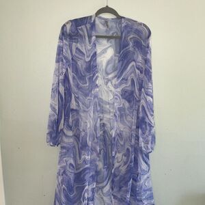 Naked Wardrobe Sheer Mesh Swim Cover Up‎ Robe Long Blue Swirl m